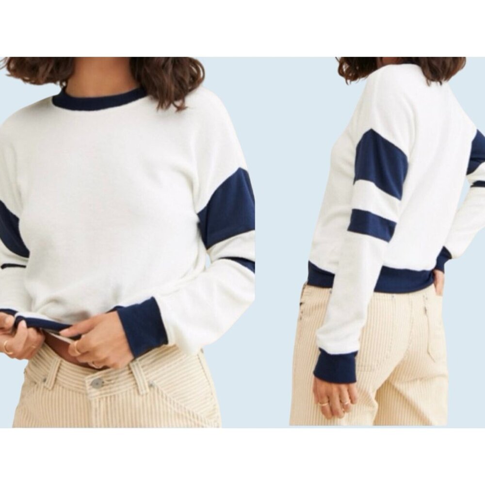 Faherty White and Navy Crewneck Sweatshirt